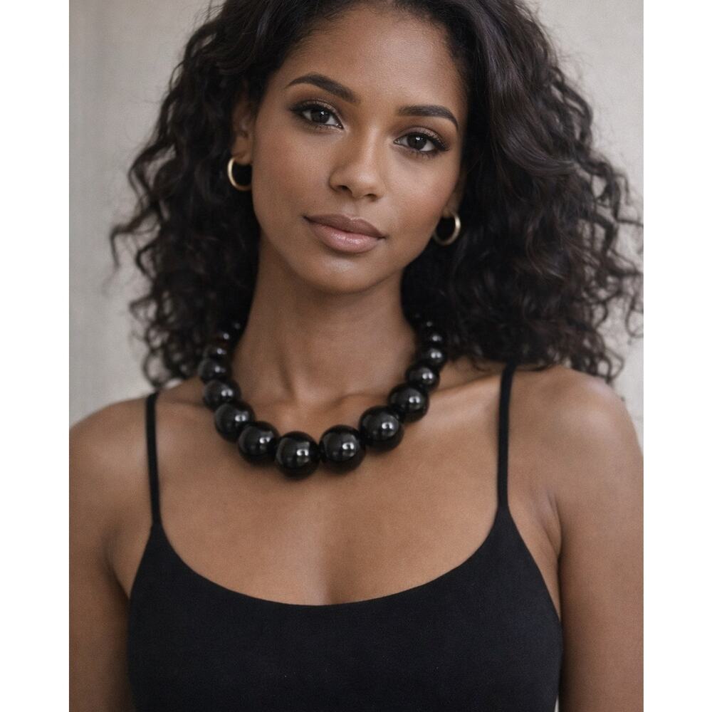 Black Beaded Statement Necklace | Chunky Gloss Beads | Adjustable Chain